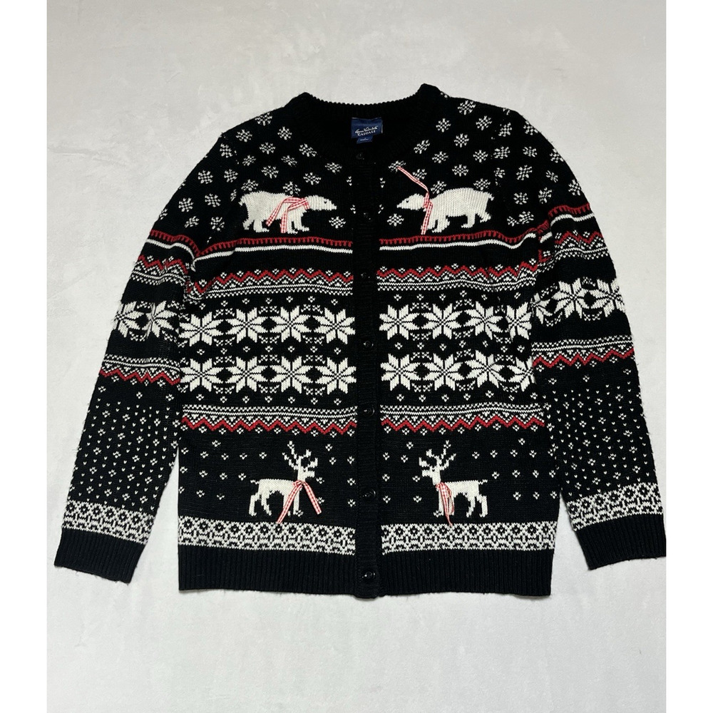 Nordic Fair Isle Knit Cardigan Womens S Reindeer Polar Bears Button Up Holiday